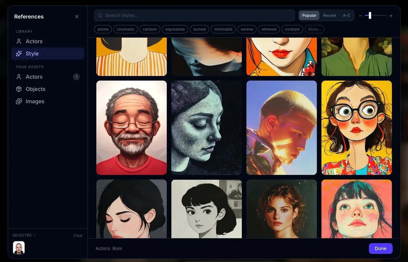 Melies style picker with dozens of AI art styles